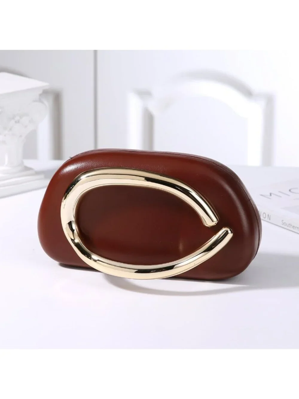 👜Women's Coffee Art Deco Clutch Gold-Tone Handle Evening Party Purse Bag
